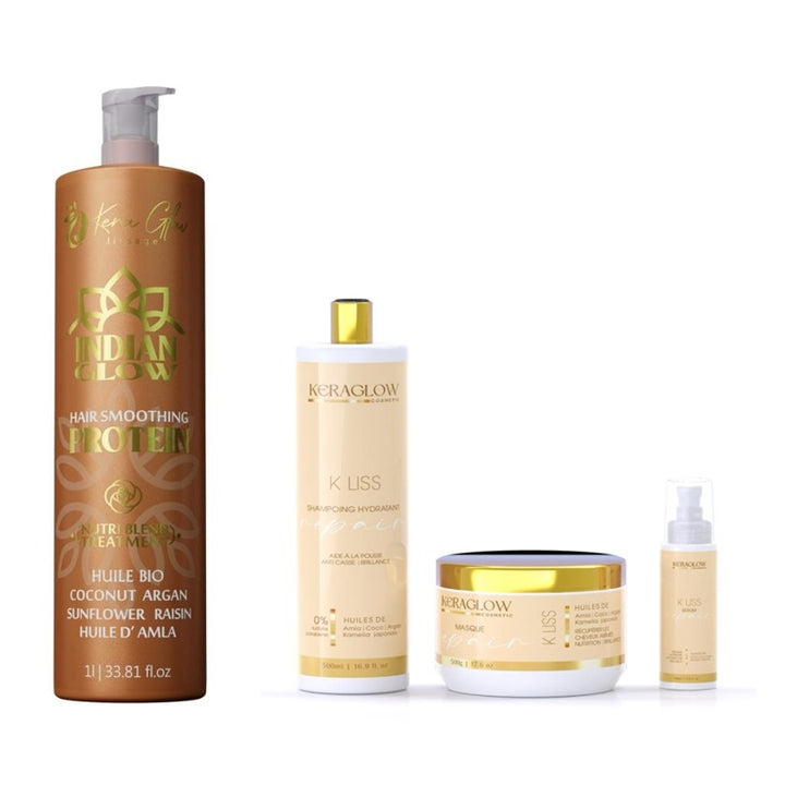 Lissage Indien Kera Glow 1L + Kit Shampoing 500ml, Masque 500g et Sérum 100ml